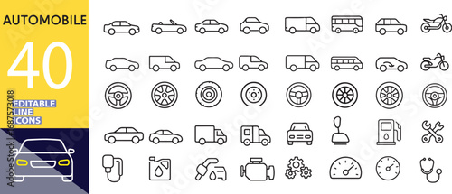 Automobile Icons Set Editable Line Icons Vehicle Car Transportation Outline