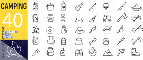 Camping Equipment Outline Icons Collection for Outdoor Activities and Adventure