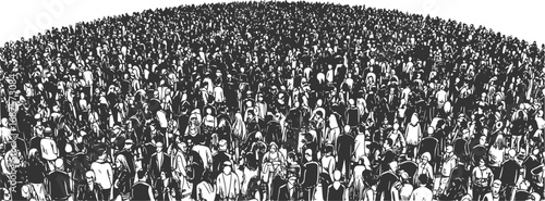 Black and White Wide Angle Illustration of Large Crowd of People, Mass Gathering Concept, 