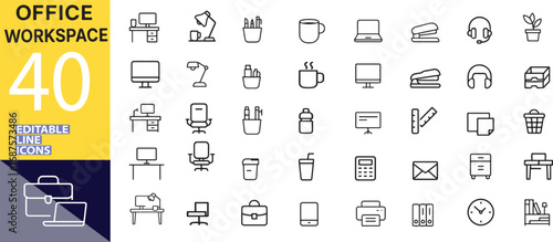 Office workspace line icons set for business and technology illustrations