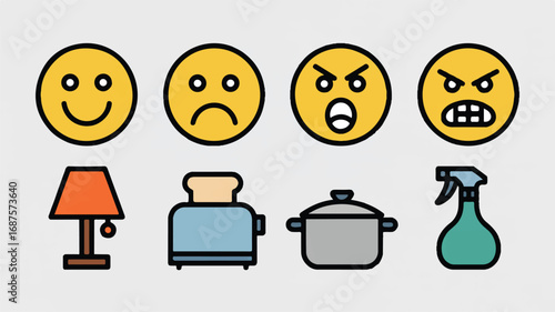 Diverse emoji and household item illustration showcasing emotional range and everyday objects with vibrant design