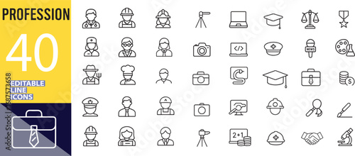Professions editable line icons set including doctor engineer camera etcetera