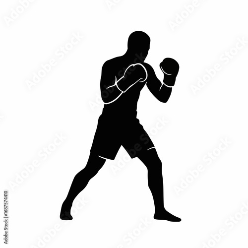 Dynamic boxer in fighting stance, black silhouette conveying strength, focus, and athletic prowess, ready for combat and competition.