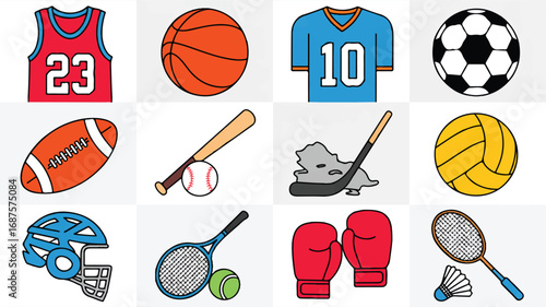 Diverse sports equipment and apparel illustration showcasing various athletic activities for training and competition purposes