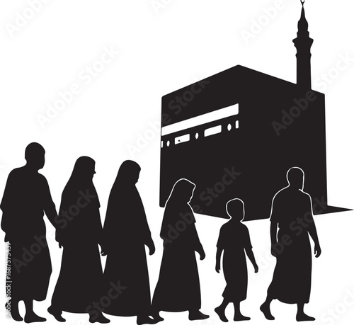Black silhouette of people walking towards Kaaba and minaret vector