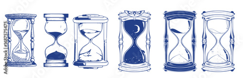 Set of Hourglass. Black and white hand drawn sketch vector illustration isolated on white background, Sand watch glass engraving vector illustration