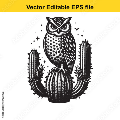  stylized owl perched on a cactus isolated on white background