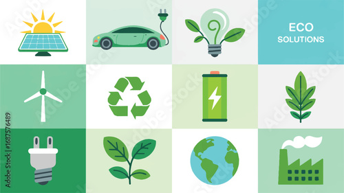 Eco Solutions Vector Illustration for Sustainable Energy and Environmentally Friendly Technologies Promotion with Green Design