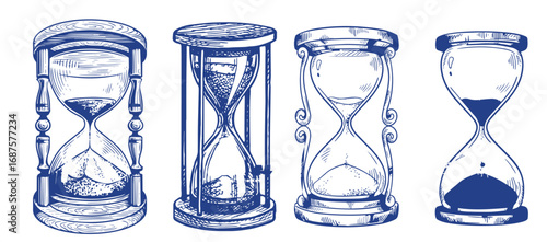 Set of Hourglass. Black and white hand drawn sketch vector illustration isolated on white background, Sand watch glass engraving vector illustration