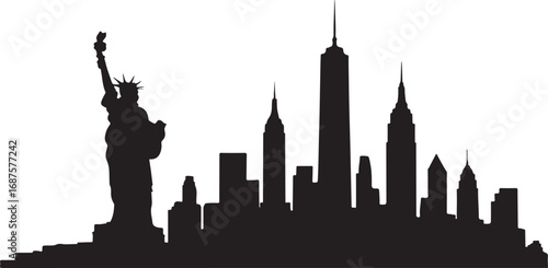 Black silhouette of Statue of Liberty and New York City skyline on white background black and white