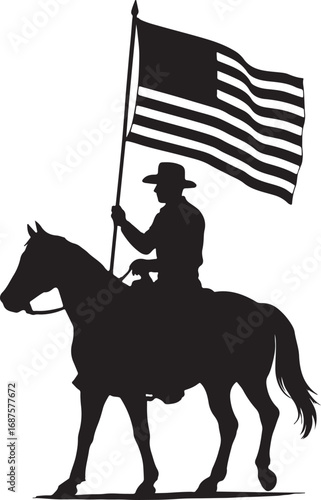Silhouette of a cowboy on horseback holding an American flag riding