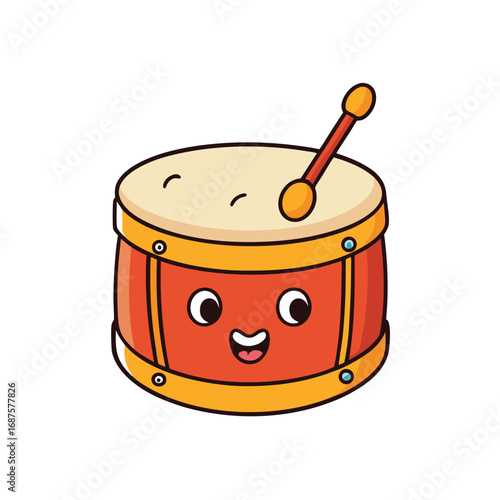 Adorable cartoon red drum with a smiling face and drumstick on a white background music instrument