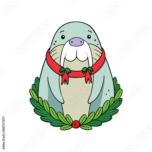 Adorable cartoon walrus wearing a festive Christmas wreath and red ribbon with a happy expression on a white background