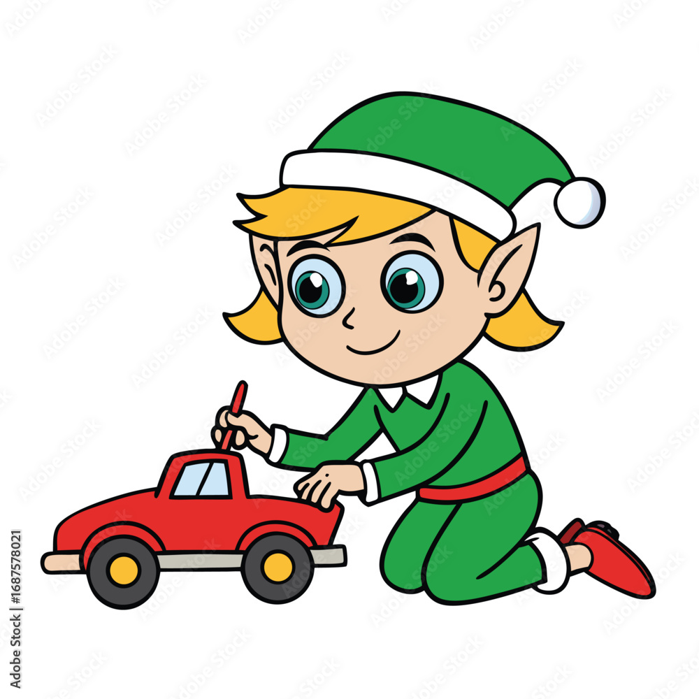 Obraz premium Cartoon elf girl in green outfit building a red toy car on a white background Christmas holiday