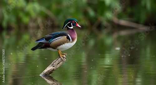 Colorful wood duck perched on log