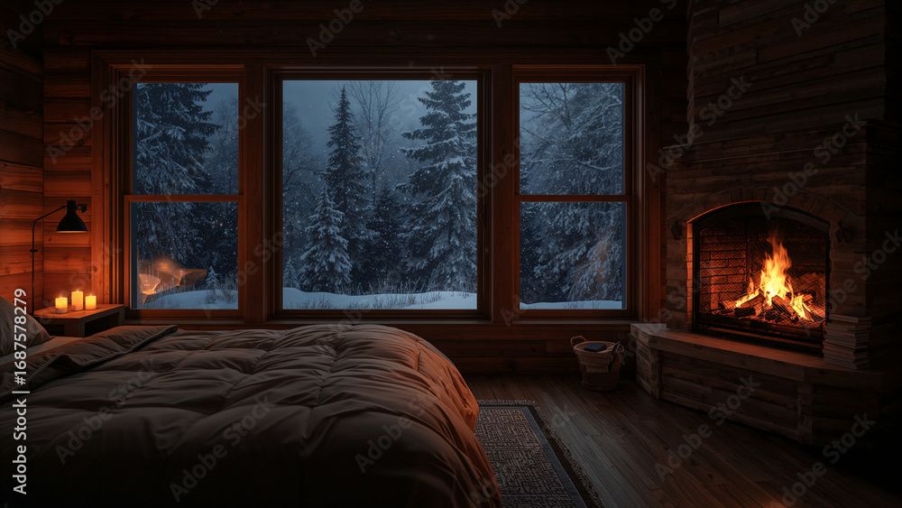 Fototapeta premium A cozy bedroom, situated in a wooden cabin, overlooks a snowy landscape at night. The large windows frame a wintry village scene with snow-covered houses and trees. The cabin's interior is warm