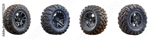 Four different offroad tires with aggressive tread patterns, isolated on transparent background