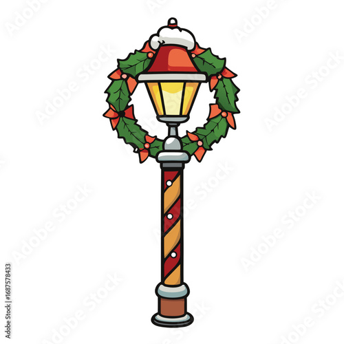 Christmas Street Lamp Decorated with a Holly Wreath and Festive Pole lamp post decoration