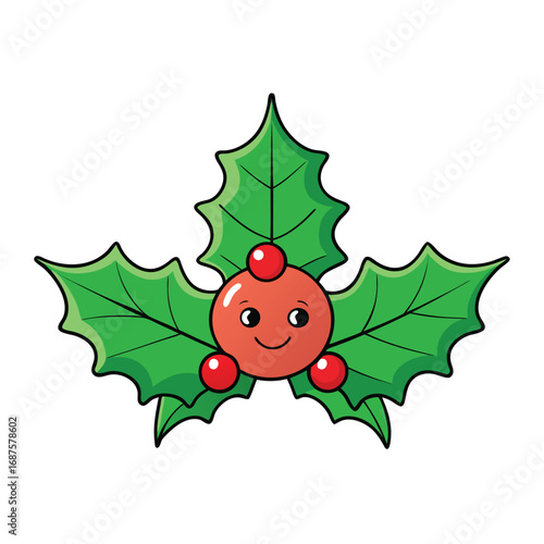 Cute cartoon holly with a smiling face and red berries on a white background Christmas berry