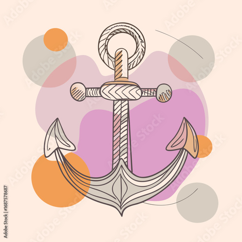 Charming hand-drawn anchor design with abstract pastel shapes, evoking nautical adventure and modern artistic style, perfect for creative branding and maritime themes