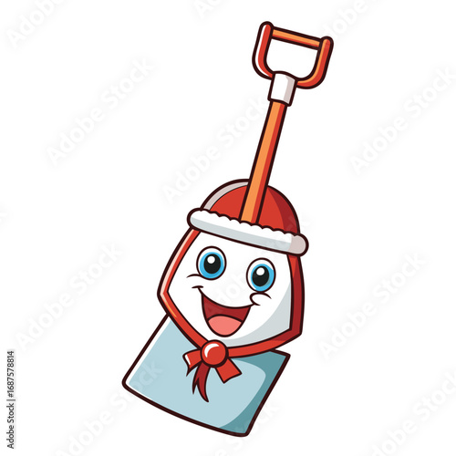 Cute cartoon shovel character wearing a Santa hat and scarf with a happy expression on a white background