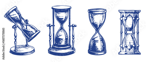 Set of Hourglass. Black and white hand drawn sketch vector illustration isolated on white background, Sand watch glass engraving vector illustration