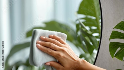 A hand wipes a mirror with a microfiber cloth, revealing a bright room filled with lush greenery and soft sunlight