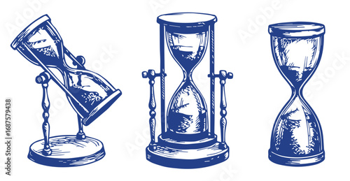 Set of Hourglass. Black and white hand drawn sketch vector illustration isolated on white background, Sand watch glass engraving vector illustration