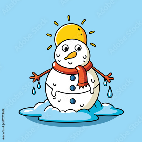 Melting Snowman Wearing a Scarf Under the Sun on a Blue Background with Water Droplets winter