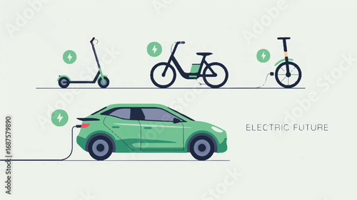Electric vehicle transportation illustrating sustainable future with car bike scooter and electric unicycle providing clean alternatives