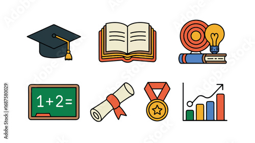 Educational symbols and icons representing learning knowledge graduation success and academic achievements in vibrant colors