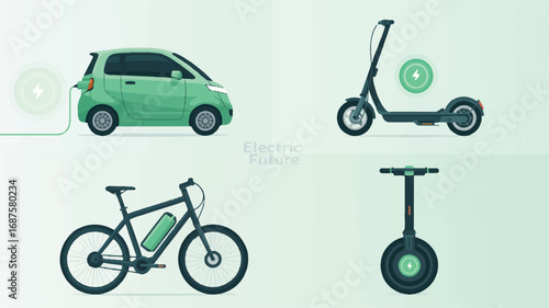 Electric vehicles and micromobility options showcasing sustainable transportation and the future of green eco friendly mobility solutions