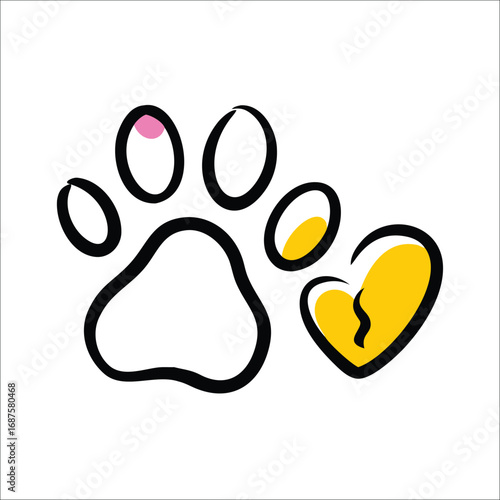 Simple graphic design of a paw print and a broken heart, likely representing pet loss or animal welfare.