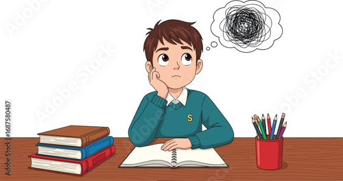 Cartoon boy confused while studying, thinking student at desk, education stress illustration, learning problem, school homework challenge, classroom study difficulty
