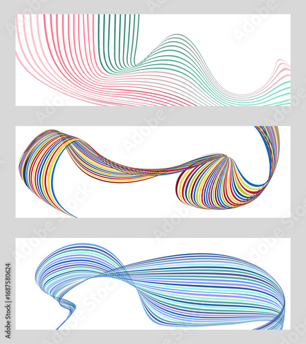 Wavy lines or ribbons. Set of 3 backgrounds. Multicolored striped gradient. Creative unusual background with abstract gradient wave lines to create a trendy banner, poster. vector eps