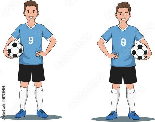 Cartoon soccer player holding football, young boy in sports uniform, smiling athlete illustration, children sport activity, football training, vector character
