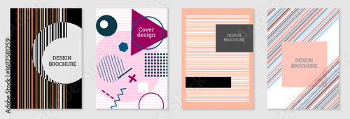 Geometric cover design, set. Abstract unusual background in the style of Memphis. Bright geometric shapes in random order