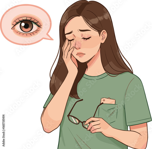 Sad woman rubbing eye, eye pain, eye irritation, tired eyes, conjunctivitis, red eye, medical illustration, vision problem, allergy, discomfort