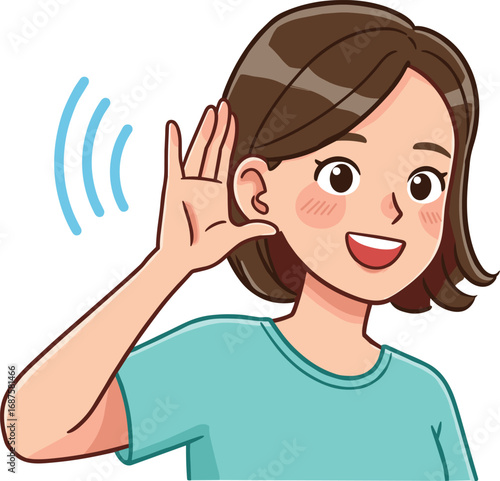 Smiling girl listening carefully, cartoon character hand to ear gesture, communication concept, hearing attention, illustration design, body language expression