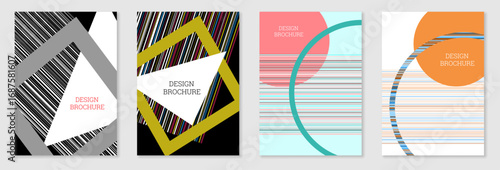 Geometric cover design, set. Abstract unusual background in the style of Memphis. Bright geometric shapes in random order