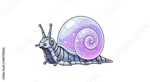 A futuristic robotic snail with a metallic body and a shiny, iridescent purple shell.