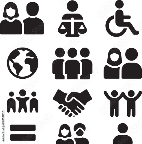 Solid Black Inclusivity Icons for Diversity Equity