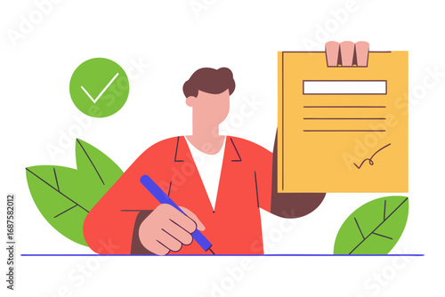 Man signing document with check mark isolated on transparent background