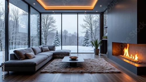 Cozy modern living room with fireplace glowing, winter scene visible through large windows, creating a warm and inviting atmosphere