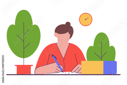 Person writing at a desk with plants and clock isolated on transparent background