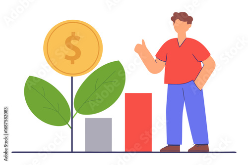 Man thumbs up with growing money plant and bar chart isolated on transparent background