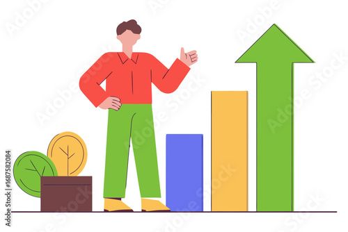 Man thumbs up next to growing bar chart isolated on transparent background