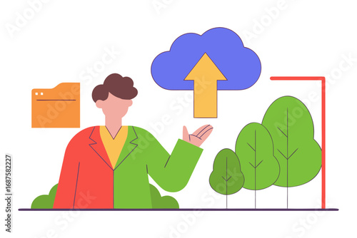 Man uploading data to cloud with folder and trees isolated on transparent background