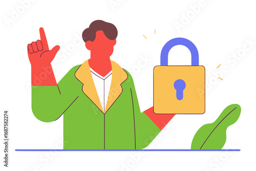 Man holding a padlock security concept isolated on transparent background