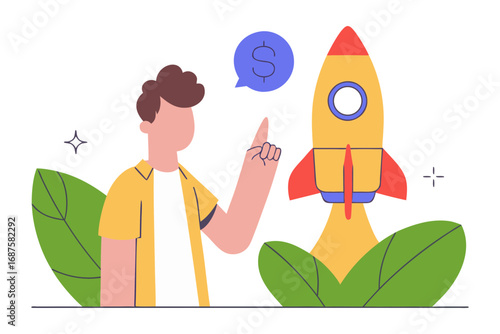 Man with dollar sign speech bubble and rocket launch isolated on transparent background